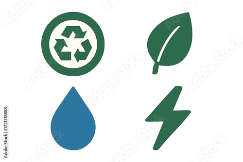 Environmental sustainability symbols including recycling, a natural leaf, a water droplet, and an energy bolt representing ecological responsibility and renewable power