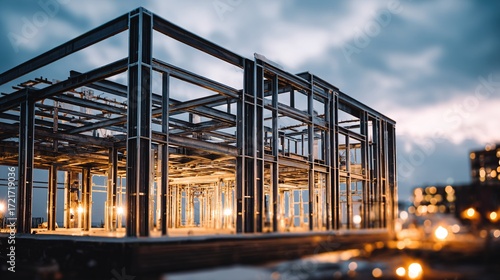 girders. Steel frame structure under construction with ambient lighting and minimal background, real-estate listings.