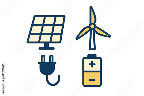 Renewable energy sources with solar panel, wind turbine, battery, and power plug icons for sustainable electricity generation