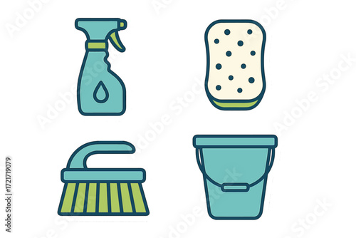 Collection of everyday household cleaning equipment such as spray bottle, sponge, scrub brush, and bucket for various chores