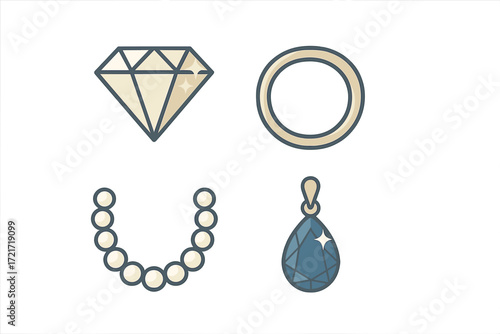 Precious jewelry collection with sparkling diamond, elegant ring, classic pearl necklace, and beautiful gemstone pendant