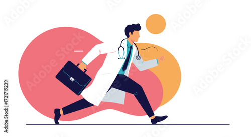 A doctor in a white coat running with a briefcase and a stethoscope around his neck in a hurry to reach his destination.
