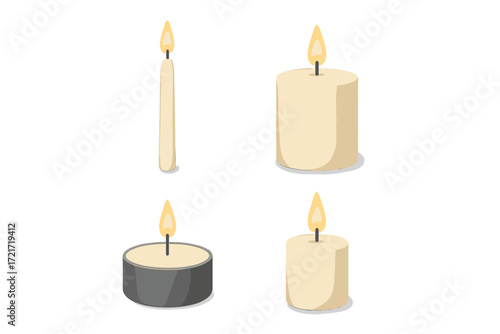 Collection of burning candles in various shapes and sizes, including taper, pillar, and tea light, casting a warm glow