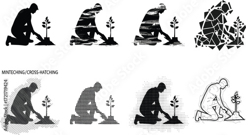 Tree planting illustration, artistic styles, silhouette, cross-hatching, stippling, line art, environmental concept, nature care, reforestation, graphic diversity, texture study
