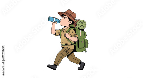 A young explorer wearing a hat and backpack drinks water while walking.