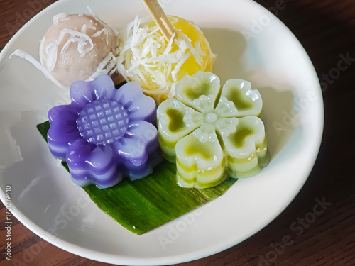 Thai desserts on a wooden table