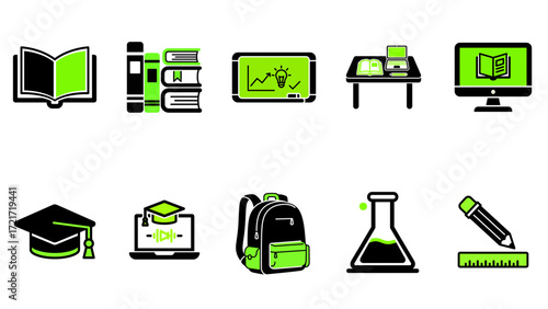 Modern education and e-learning icon set in a vibrant green and black color scheme.