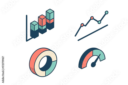 Isometric data visualization charts and graphs including bar, line, donut, and gauge for business analytics, reporting, and financial performance