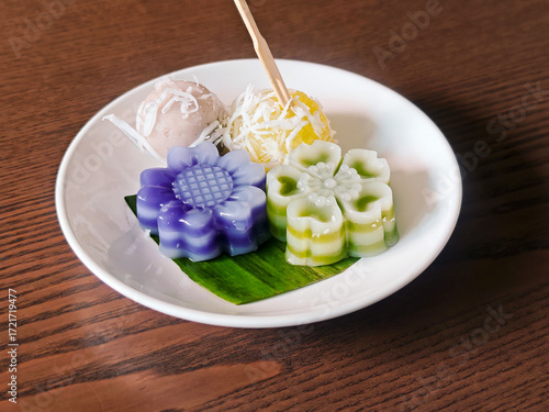 Thai desserts on a wooden table
