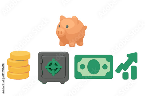 Financial management concept with piggy bank, stacked coins, secure safe, banknote, and rising market graph