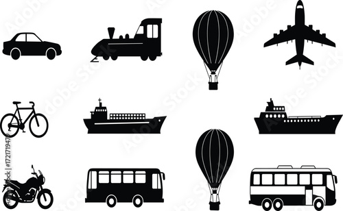 Transportation silhouettes, vehicle icons, car, train, airplane, hot air balloon, cargo ship, motorcycle, bicycle, city bus, coach bus, travel modes, transport types, land transport, air transport, se