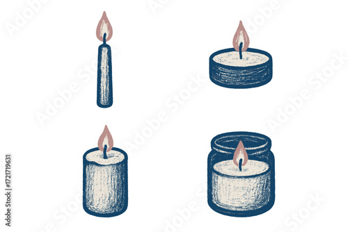 Decorative burning candles set in a hand drawn style featuring various shapes and sizes for ambiance and warmth