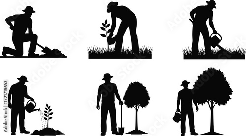 Tree planting process, environmental care, gardening silhouette, nature growth stages, sustainability concept, eco-friendly activity, black figure icons, reforestation steps