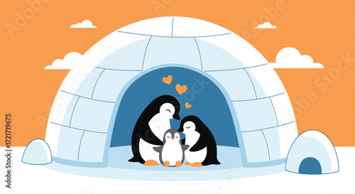 A heartwarming illustration of a penguin family nestled inside a cozy igloo during winter.