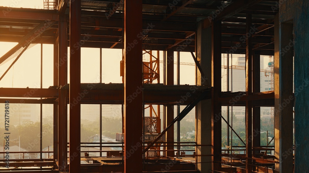Obraz premium girders. Steel frame structure under construction with ambient lighting and minimal background, real-estate listings.