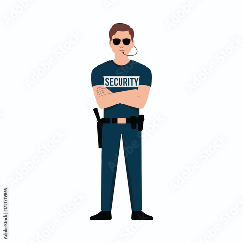 Security guard with sunglasses and earpiece standing arms crossed male person