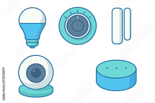 Smart home devices icon set including light bulb, rotary dimmer switch, door sensor, security camera, and smart speaker