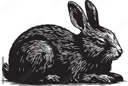 Detailed black and white woodcut illustration of a fluffy rabbit sitting calmly with its eyes closed in a vintage artistic style