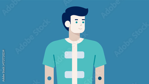 A man with a spinal cord injury wearing a shirt with hidden catheter openings allowing him to use the bathroom without having to completely.. Vector illustration