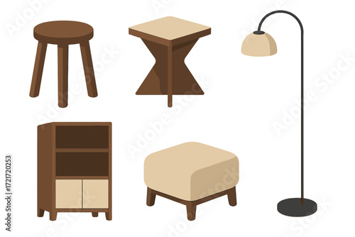 Collection of modern home furniture items including a stool, end table, floor lamp, cabinet, and ottoman