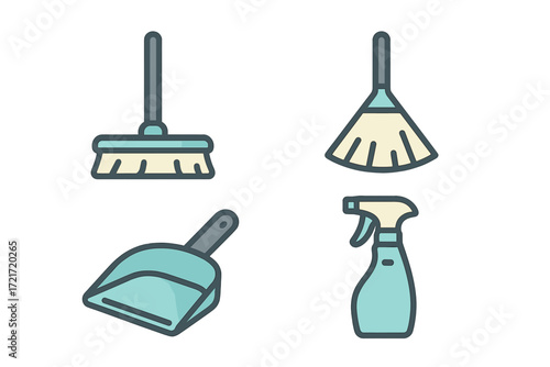 Common household cleaning tools including broom, dustpan, hand brush, and spray bottle for home maintenance