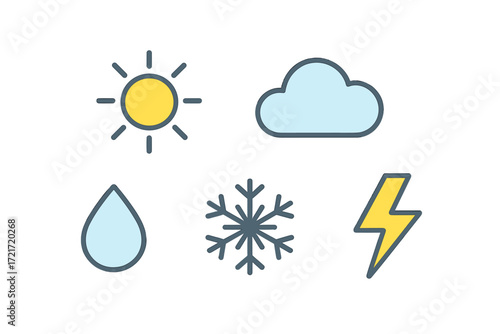 Comprehensive set of weather forecast symbols for various climate conditions and atmospheric phenomena