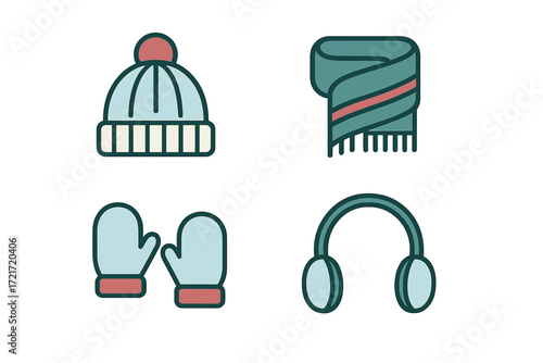 Winter clothing accessories set featuring a warm hat, cozy scarf, comfortable mittens, and protective earmuffs