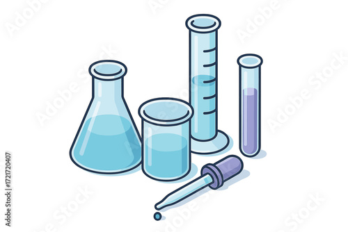 Essential laboratory glassware set with various beakers, flasks, graduated cylinder, test tube, and dropper for scientific experiments and chemical research