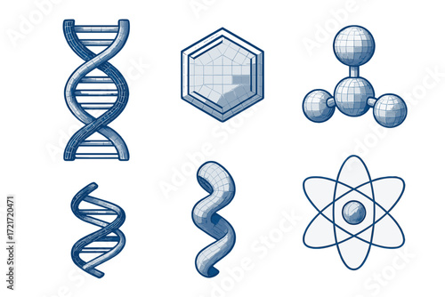 Abstract scientific symbols set featuring DNA double helix, atomic structure, molecular models, and chemical shapes
