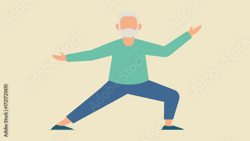 A senior citizen practicing Tai Chi a form of movement therapy that incorporates both visual and auditory cues to improve balance coordination and cognitive function.. Vector illustration