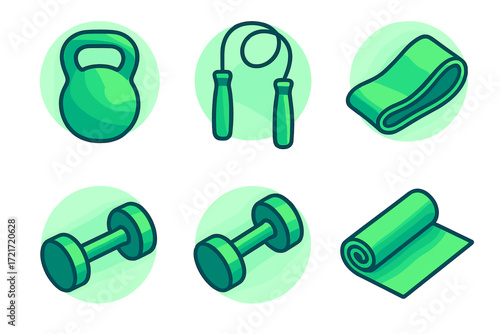 Green fitness equipment including kettlebell, jump rope, dumbbells, resistance band, and yoga mat for health and wellness