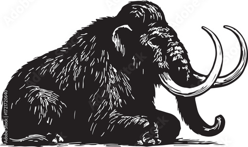 Detailed black and white illustration of a woolly mammoth with long curved tusks sitting on the ground