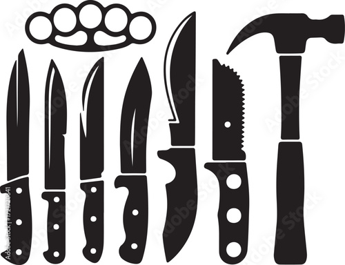 Weapon Set Knuckle Duster and Hammer with Sharp Blade Vectors