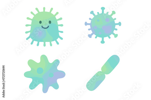 Abstract watercolor style microorganisms set including various bacteria, virus, and amoeba shapes for biology and health concepts