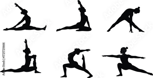 Yoga poses silhouette, fitness flexibility balance, meditation exercise, wellness lifestyle, body strength, stretching routine, healthy living, peaceful mind, posture training