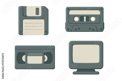 Collection of vintage technology items including floppy disk, audio cassette, VHS tape, and old computer monitor
