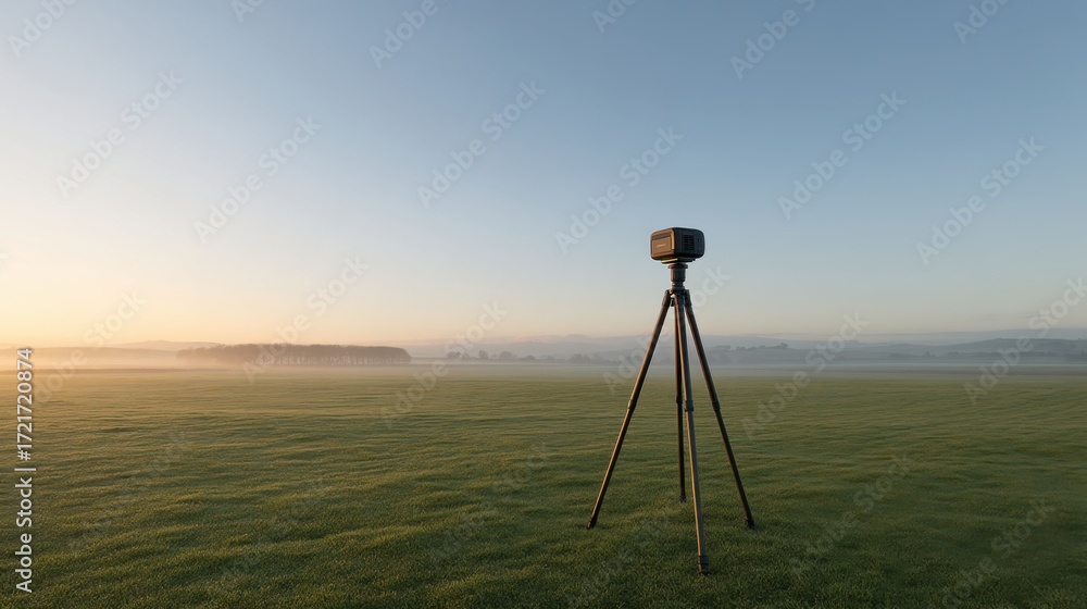 Naklejka premium Peaceful Landscape with Tripod Camera in Early Morning Light Over Foggy Field, Capturing the Serene Beauty of Nature's Awakening