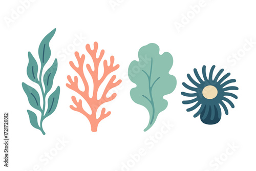 Stylized marine plants, vibrant coral, and diverse underwater flora elements for aquatic design projects