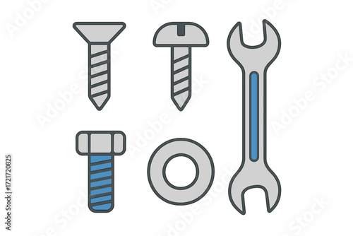 Collection of essential hardware tools and fasteners including various screws, a hex bolt, a flat washer, and a crescent wrench