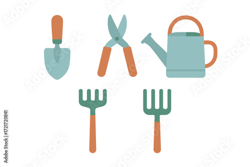 Essential gardening tools set including a trowel, pruning shears, a watering can, and two hand forks for planting