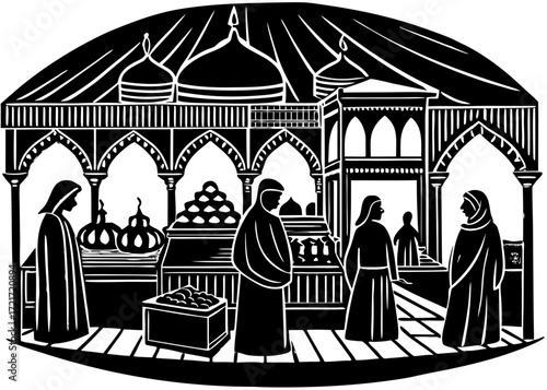 Traditional Islamic Bazaar Silhouette, Cultural Market Scene SVG, PNG