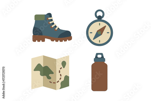 Essential hiking and camping gear icons featuring a sturdy boot, reliable compass, detailed map, and practical water bottle for outdoor adventures
