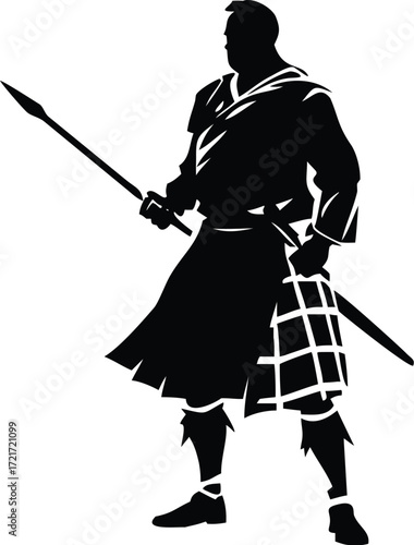 Silhouette of a scottish warrior in kilt holding a spear