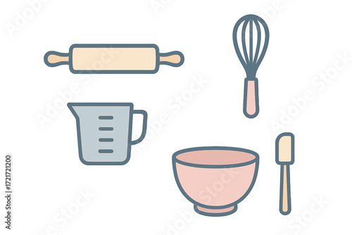 Essential kitchen baking tools and utensils for cooking, pastry making, and dessert preparation on white background
