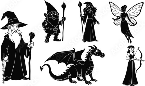 Fantasy illustration set, wizard, dwarf, sorceress, fairy, dragon, elf archer, mythical characters, folklore heroes, black and white design