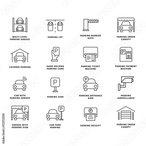 Complete Outline Parking Icons Collection Vector