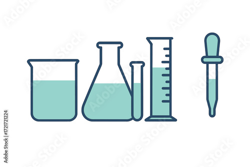 Scientific laboratory glassware set with beaker, flask, test tube, graduated cylinder, and dropper for chemistry experiments