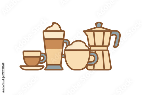 Collection of various coffee beverages including espresso, latte, and cappuccino with a traditional Moka pot