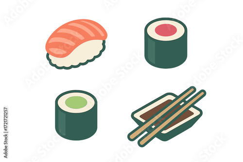 Collection of popular Japanese sushi dishes including salmon nigiri tuna maki cucumber maki and soy sauce with chopsticks