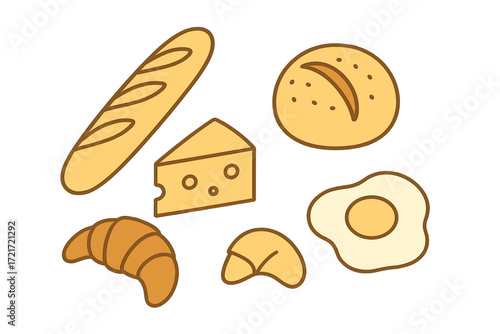 Assortment of breakfast and bakery items: baguette, round bread, croissants, cheese slice, and sunny-side-up egg